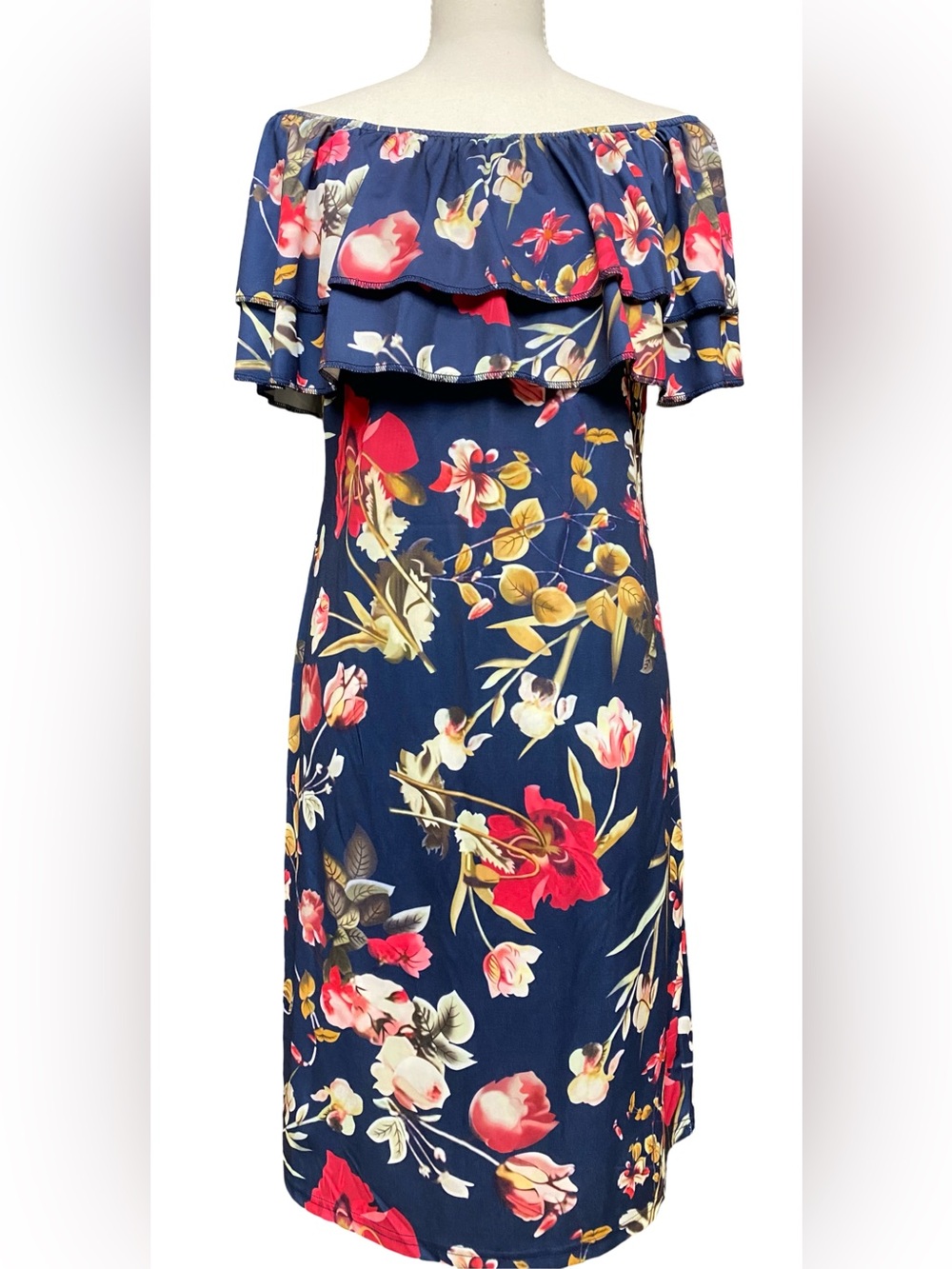 GAMISS Off Shoulder Floral Ruffle Dress Navy Blue Midi Dress Women’s XL NWT